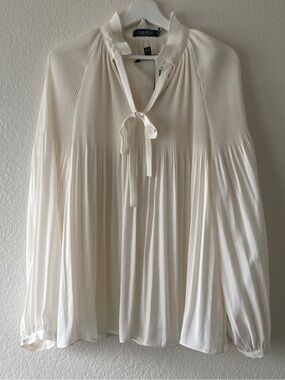Lauren Ralph Lauren Ivory Pleated Tie-Neck Blouse